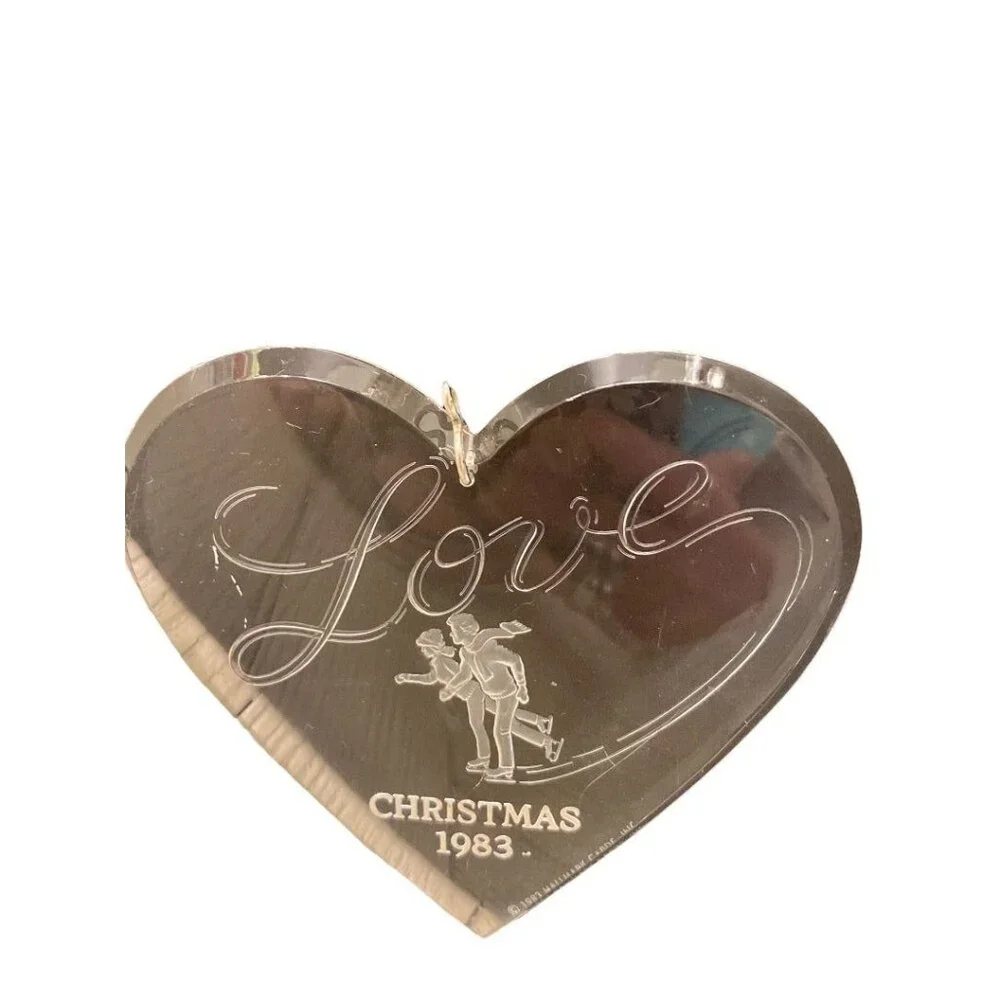 Clear Acrylic Christmas 1983 Ornament Love Ice Skaters Heart Shape 3 3/4